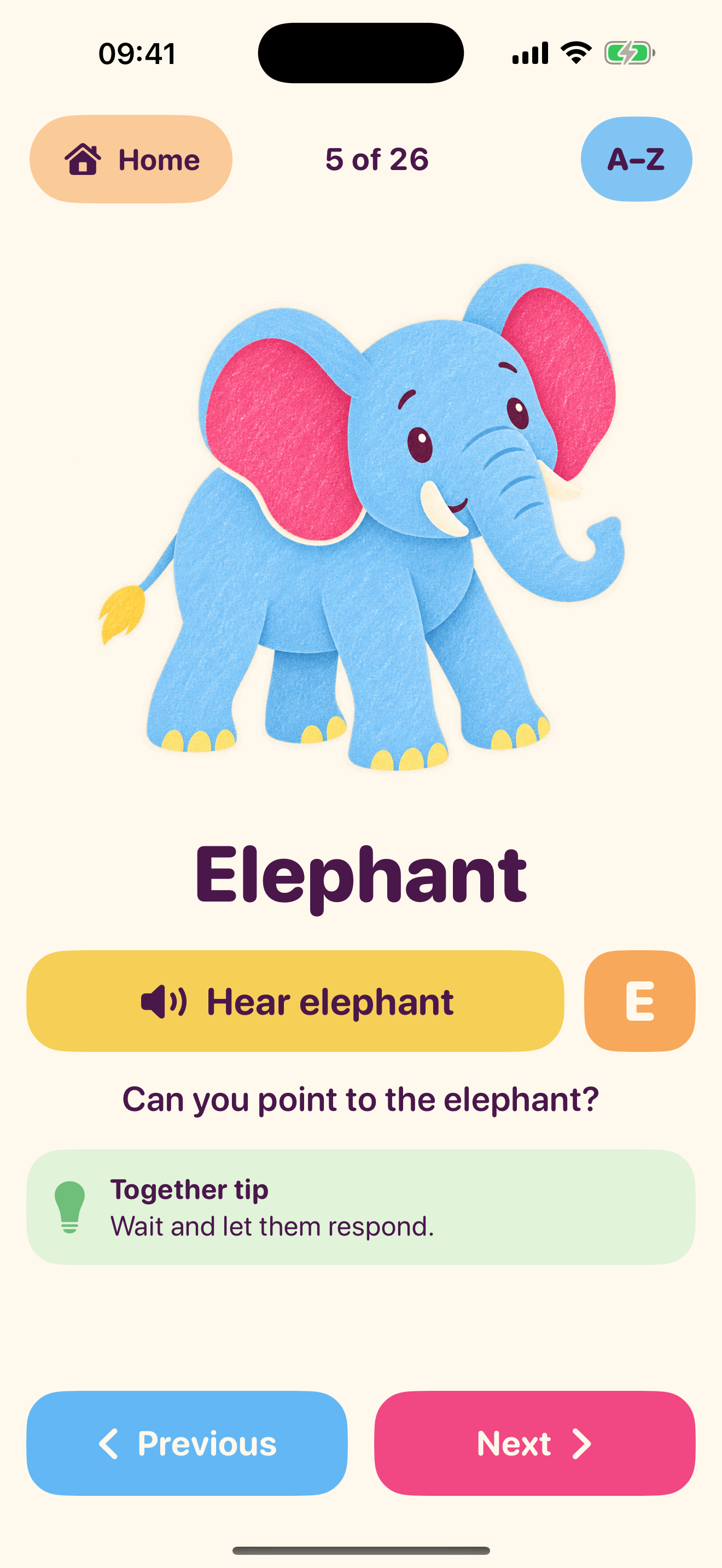 Chatter Garden animal card showing an elephant