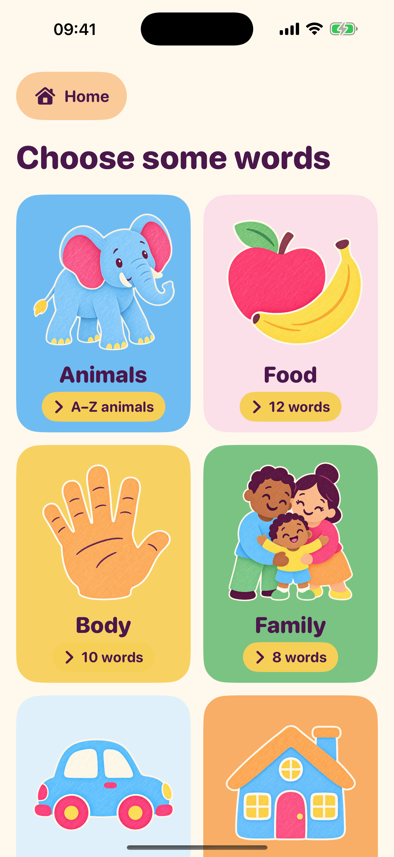 Learn Words categories including animals, food, body and family
