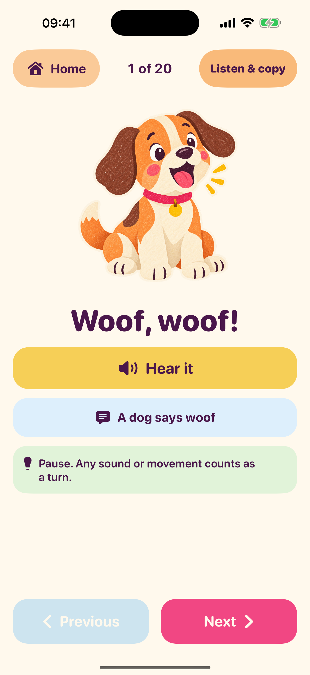 Listen and Copy activity featuring a dog saying woof