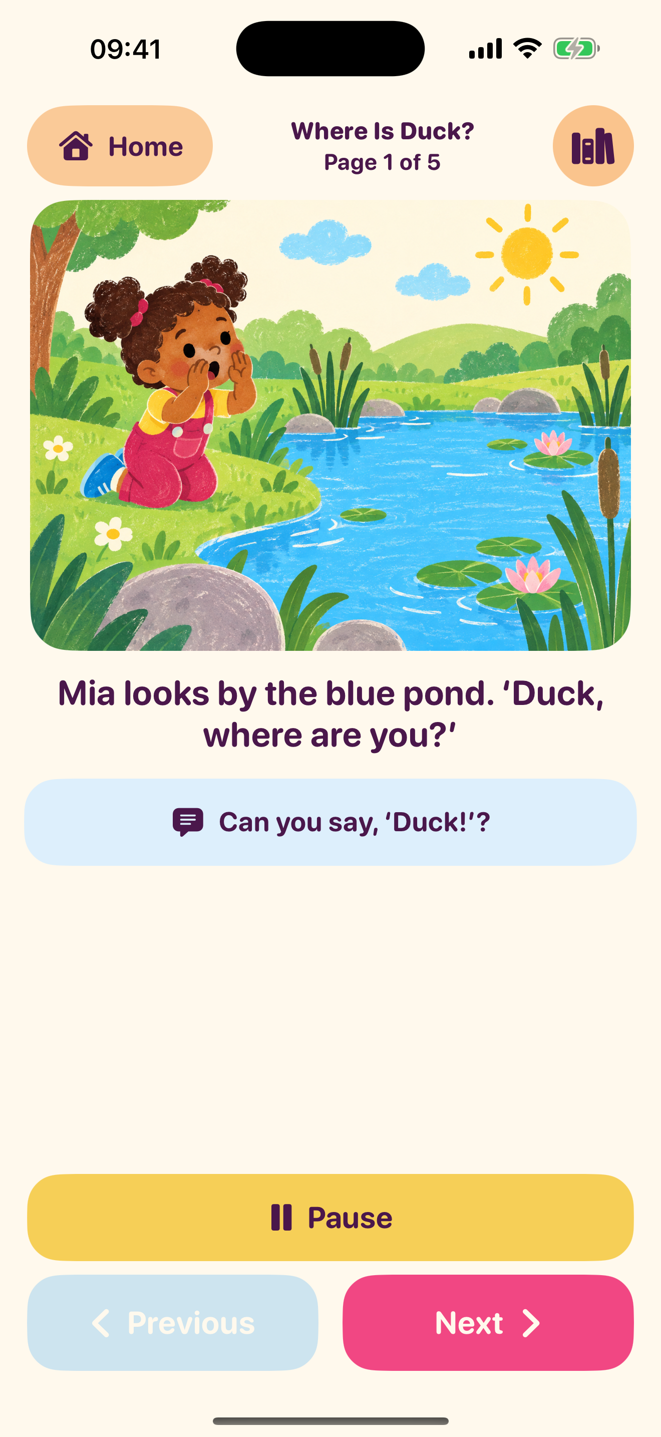 Story page showing Mia looking beside a pond